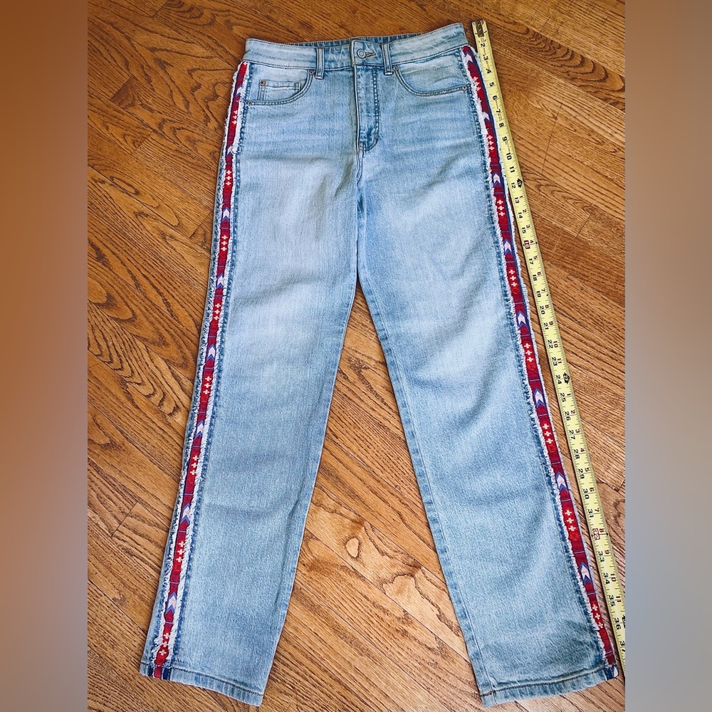 NWOT Anthro Pilcro The Vintage Straight Jeans 28 Aztec stripe light blue wash